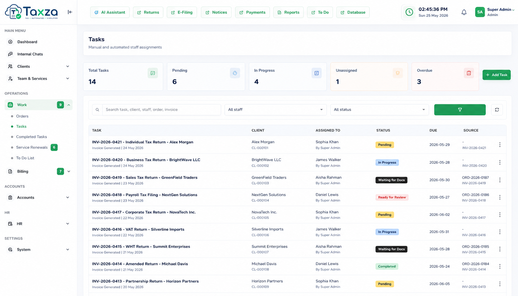 Taxza tasks list auto-assigned to staff by skill and workload